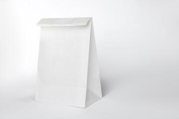 One closed paper bag on white background, space for text
