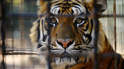 Tiger Gazing Through Cage Bars Animal Captivity Theme