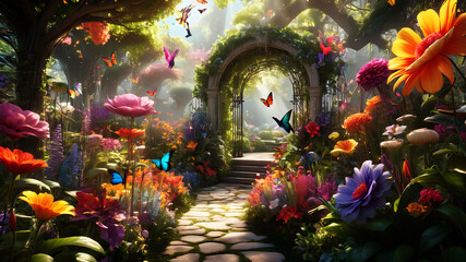 Wander through a magical garden where oversized flowers in every shade of the rainbow bloom. Butterflies and hummingbirds flit about, adding to the enchantment of this vibrant floral paradise