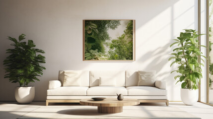 A modern living room with biophilic design that has a white wall, plenty of plants, and a comfortable sofa