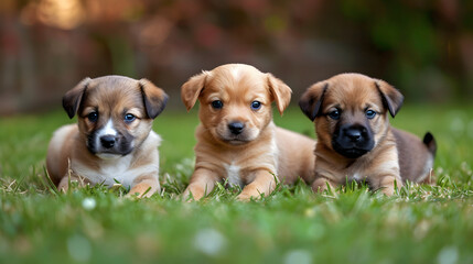 Three Adorable Puppies Lying on Grass