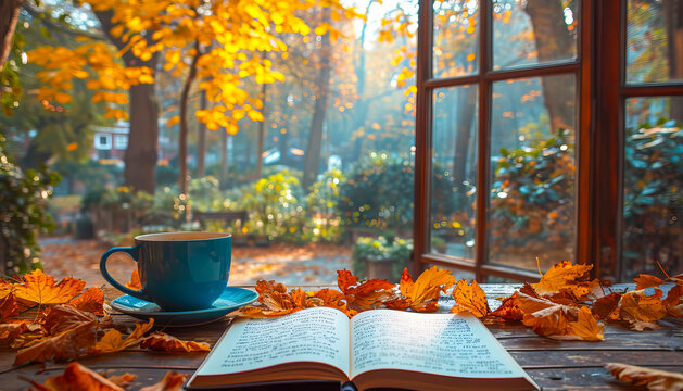 Drink and book on the table by the window, April, National Poetry Month