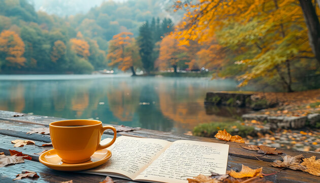 Drink and book on the table and lake in the background, April, National Poetry Month - Powered by Adobe
