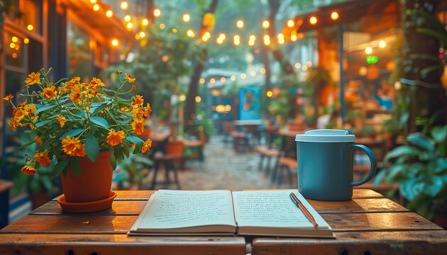 Drink and book on the table, April, National Poetry Month	 - Powered by Adobe