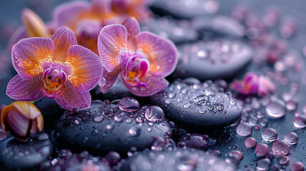 Fototapeta na wymiar Spa treatment concept. Flowers of orchid and stones. Beautiful background with copy space