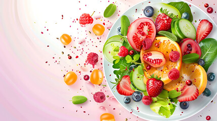 Fresh Mixed Fruit Salad on a White Plate with Colorful Splashes
