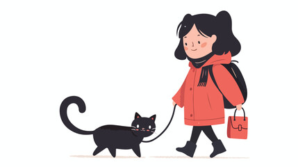 A girl and a black cat are walking down the street i