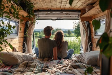 A couple is sitting on a bed in a van, looking out the window