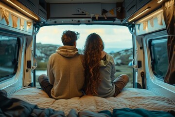 A couple is sitting on a bed in a camper van