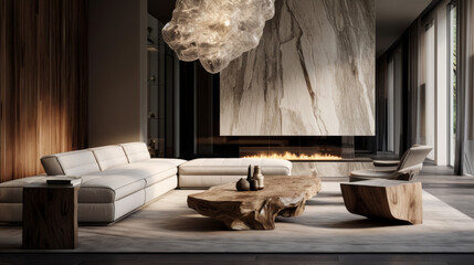 A modern living room featuring a striking statement lighting fixture