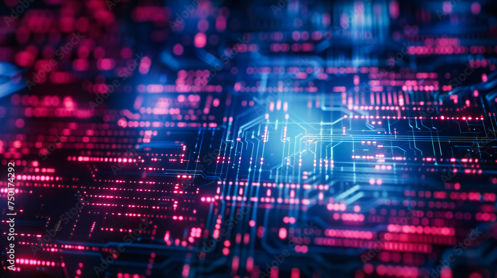 Poster digital nexus: illuminated circuit board paths, representing the interconnectivity of modern technol