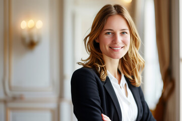 Confident Professional Woman in Business Attire Posing in Elegant Office Environment, Exuding Leadership and Success