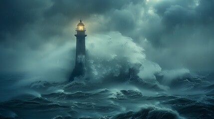 Fototapeta na wymiar Lighthouse Standing Tall Amidst Enormous Wave