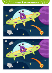UFO in space. Find 7 differences. Space game. Flat, cartoon, vector