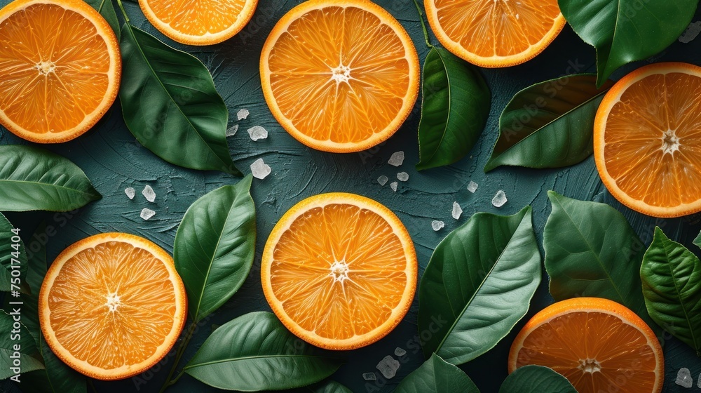 Poster a group of sliced oranges sitting on top of a green surface with leaves on top of them and on top of