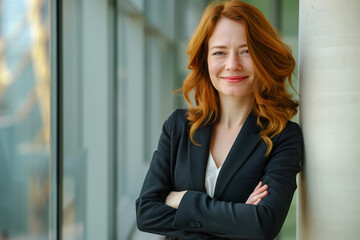 Fototapeta premium Successful Redheaded Businesswoman in Modern Corporate Environment: A Symbol of Leadership and Confidence