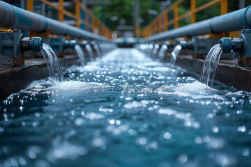 Modern Urban Wastewater Treatment Plant and Facility with Treating Water with Waterfall Coming from Cleaning Pipes - obrazy, fototapety, plakaty