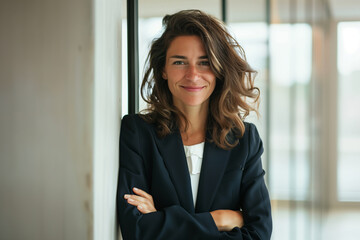 Fototapeta na wymiar Confident Businesswoman in Modern Office: A Portrait of Professional Success and Elegance