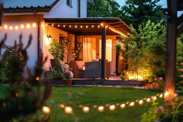 A house with a patio and a porch lit up with lights