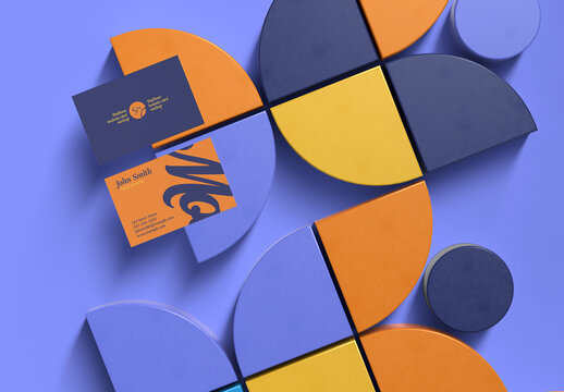 Two Business Cards Mockup on Geometric Pattern Background