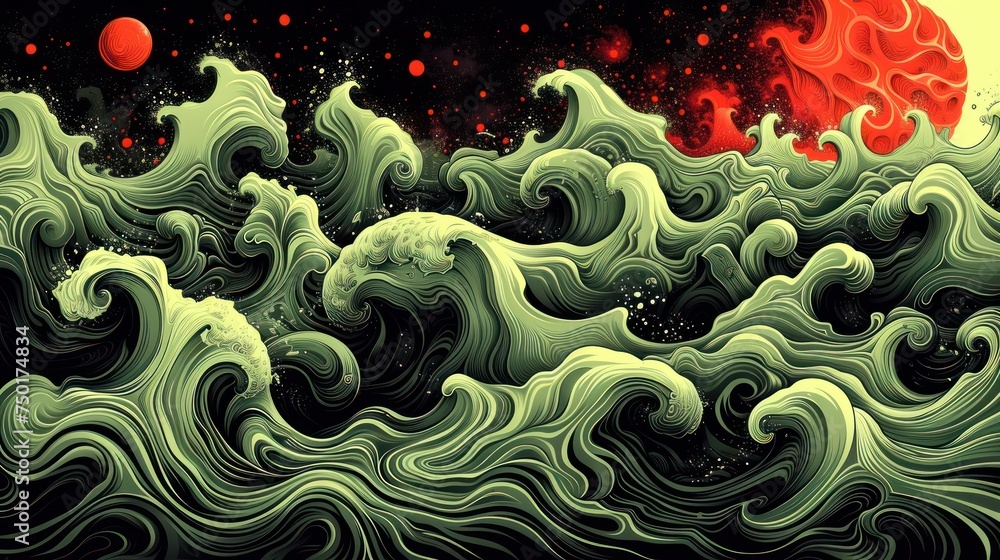 Poster a painting of a large wave with a red ball in the middle of the wave and a red ball in the middle of