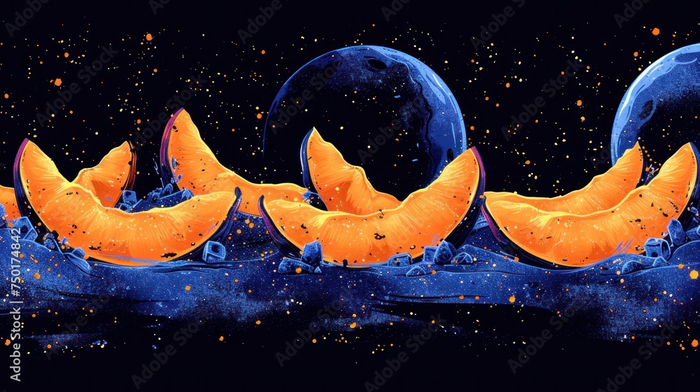 Poster a group of oranges floating on top of a body of water in front of a blue and black background with a