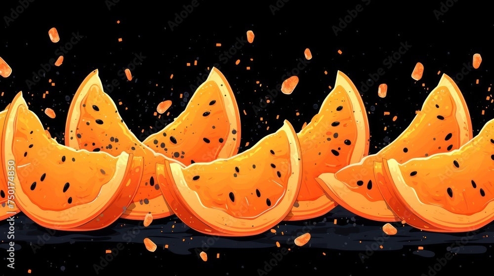 Poster a group of sliced oranges sitting next to each other on a black surface with a splash of water on th