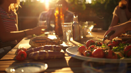 grillen im sommer, barbecue im garten, abends mit sonne, fleisch und gemüse, gesund, freunde, lachen, trinken, essen, gemütlich