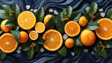  a group of oranges sitting on top of a table next to green leaves and oranges on top of a blue surface with leaves on top of the table.