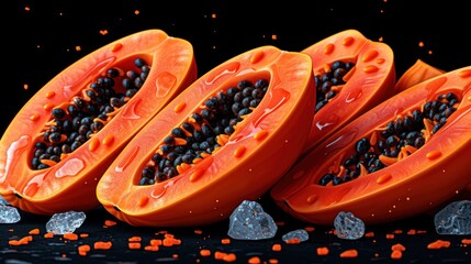  a couple of pieces of papaya sitting on top of a pile of crushed up pieces of papaya on a black surface with orange and white speckles scattered around it.