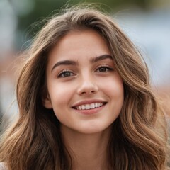 Outdoor portrait of a young woman with long brown hair. She is smiling.