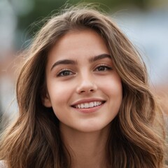 Fototapeta premium Outdoor portrait of a young woman with long brown hair. She is smiling.