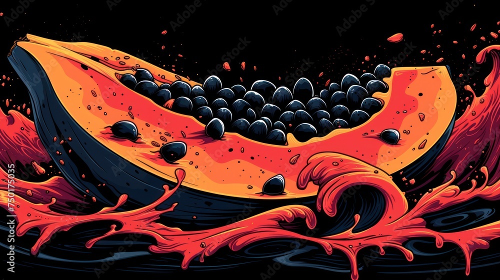 Poster a painting of a slice of watermelon with blackberries in the middle of it and a splash of orange on 