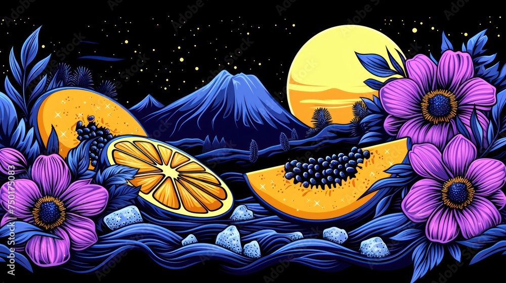 Poster a painting of a grapefruit and a grapefruit on a black background with mountains in the distance and