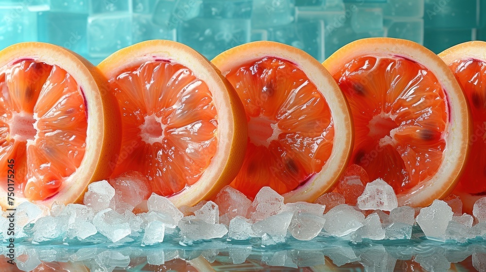 Poster a group of grapefruits sitting on top of a pile of ice next to each other on top of a glass table in
