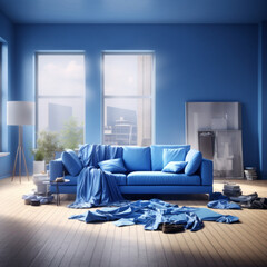 A modern living room with a bright blue couch made from recycled denim fabric