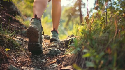 Hiker in sports shoes walking in forest. Hiking endurance concept. AI Generated 