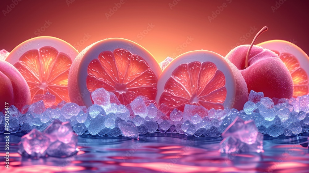 Poster a group of sliced oranges sitting on top of ice next to an orange slice on top of a piece of fruit w
