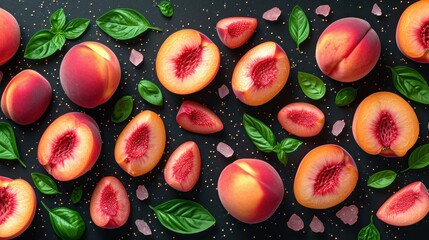  a group of sliced peaches sitting on top of a black surface next to green leaves and a slice of peach on top of the other half of the fruit.
