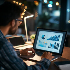 Professional Business Analyst Working on Laptop with Financial Charts, Analyzing Market Data Trends in Evening Office Setting for Investment Strategy