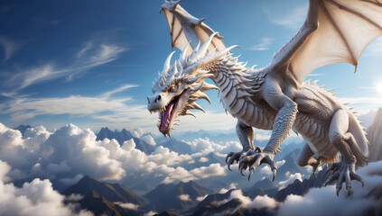 A large white dragon flies above the clouds - obrazy, fototapety, plakaty