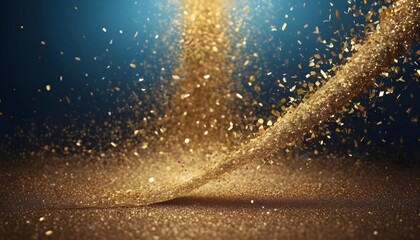 Glitter gold blue particles stage and light shine abstract background. Flickering particles with bokeh effect. Gold sparkle glow particle abstract bokeh background.