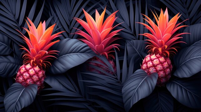  three red pineapples surrounded by leaves on a dark background with a blue sky in the middle of the image and a red pineapple in the middle of the middle of the image.