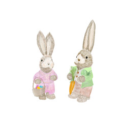 Pastel pencils drawing illustration of happy Easter day. Composition. Rabbits, carrots and colored eggs. Postcard design printing, congratulations.