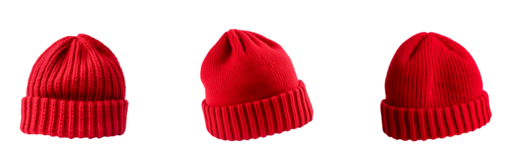 Set of red wool beanies hats on transparent background