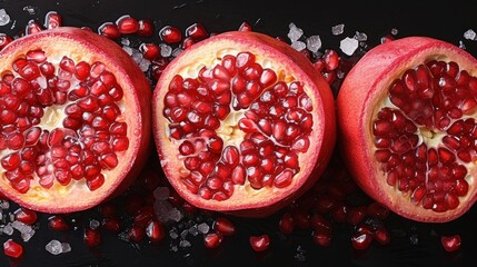  a couple of pomegranates sitting on top of each other on top of a black surface with ice on the bottom of the pomegrains.