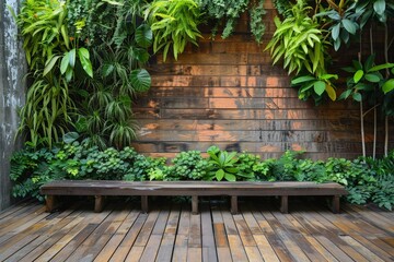 A wooden bench sits in front of a wall covered in plants