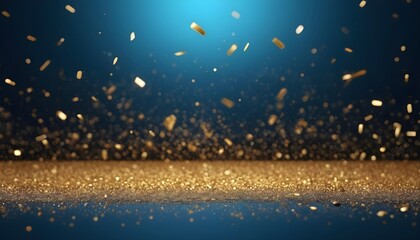 Glitter gold blue particles stage and light shine abstract background. Flickering particles with...