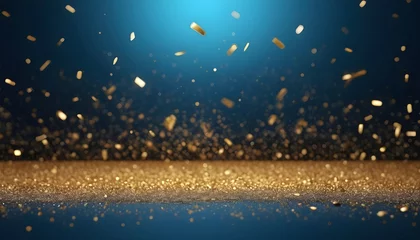 Fotobehang Glitter gold blue particles stage and light shine abstract background. Flickering particles with bokeh effect. Gold sparkle glow particle abstract bokeh background. © Sanita