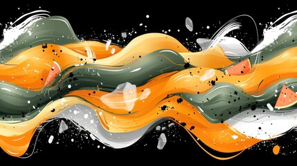  a painting of an orange and green wave with white and black sprinkles on the top of the wave and the bottom of the wave is orange and white sprinkles on the bottom of the wave.